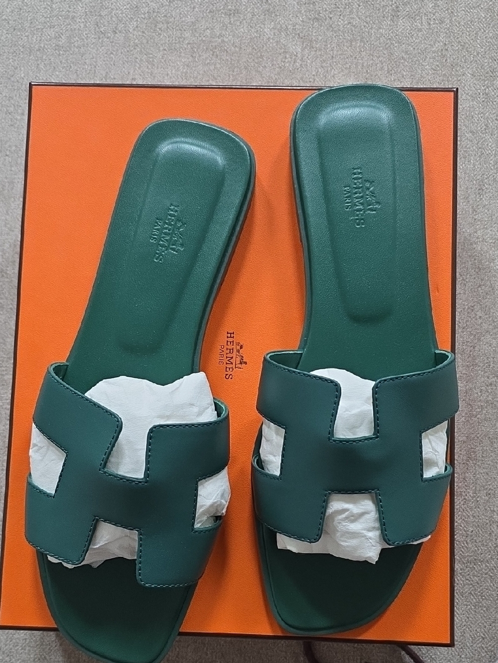 Hermes Green Leather H-Cut Slide Sandals